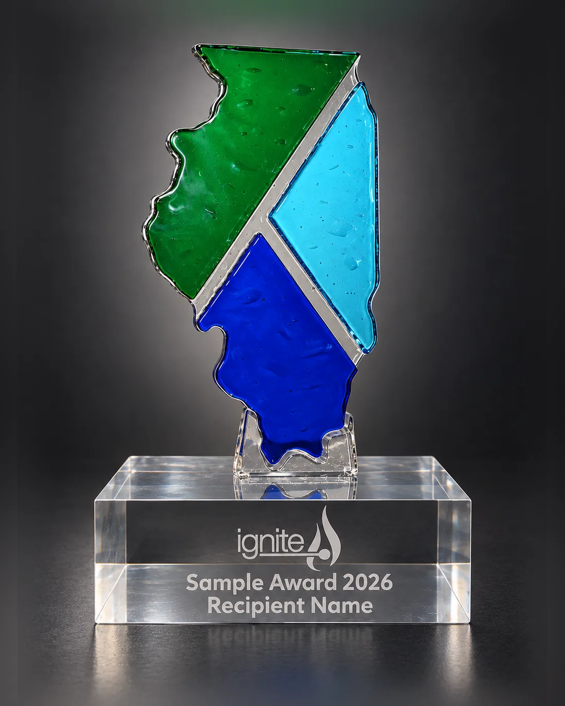 Illinois-shaped award in green, light blue and cobalt fused sheet glass on a laser-engraved clear acrylic base